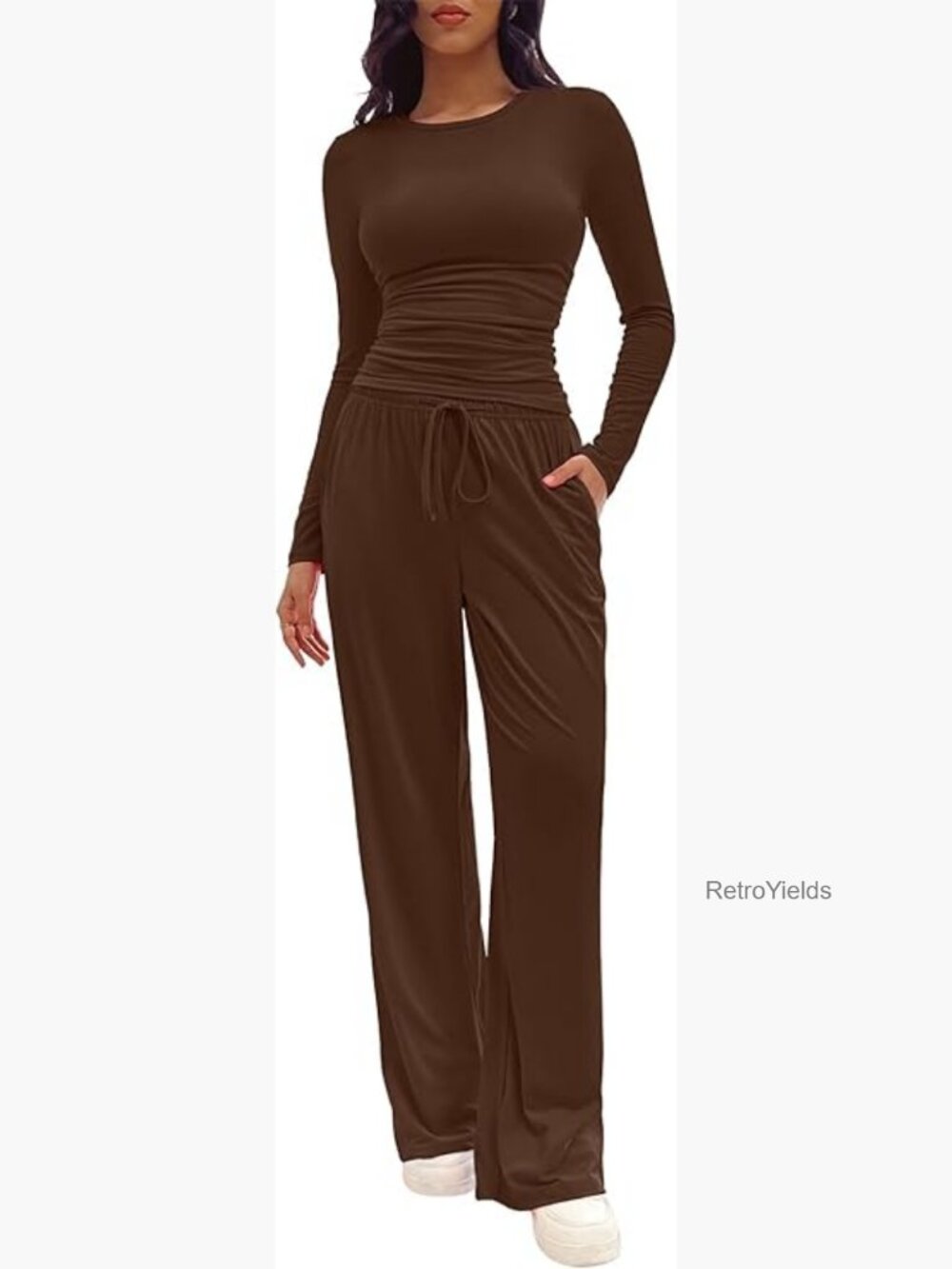 Cozy Lounge Set - Long Sleeve Top & Wide Leg Pants - Drawstring Waist, Pockets
